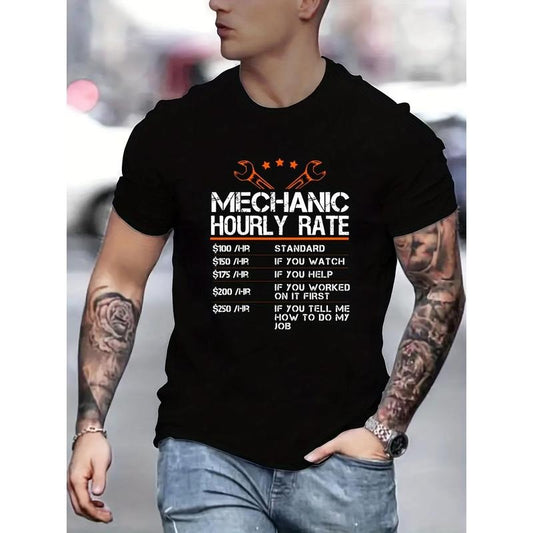 [Mechanic Hourly Rate T-Shirt] Humorous  Men's Casual Easter T-Shirt - Black Cotton Crew Neck "Mechanic Hourly Rate" Print, Machine Washable, Ideal for Spring/Summer/Fall Made in USA