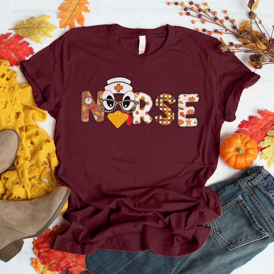 Fall Nurse Shirt - Thanksgiving Turkey T-Shirt for Nurses, Cute Autumn Pumpkin Plaid Tee, CNA RN Holiday Gift