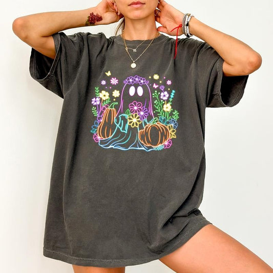 Fall Pumpkin Ghost Neon Shirt Comfort Colors, Cute Neon Boo Halloween Tee, Funny Halloween Neon T-shirt For Women, Spooky Season Tshirt, Halloween Party Tee for Girls, Unhinged Casual Womenswear, Oversized Women's Tops, Comfy Cotton Fabric Fit Chic Style