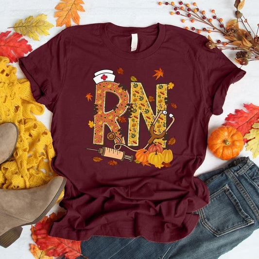 Fall RN Nurse Shirt Autumn Pumpkin Leaves Registered Nurse T-Shirt Cute Medical Thanksgiving Tee for Nurses