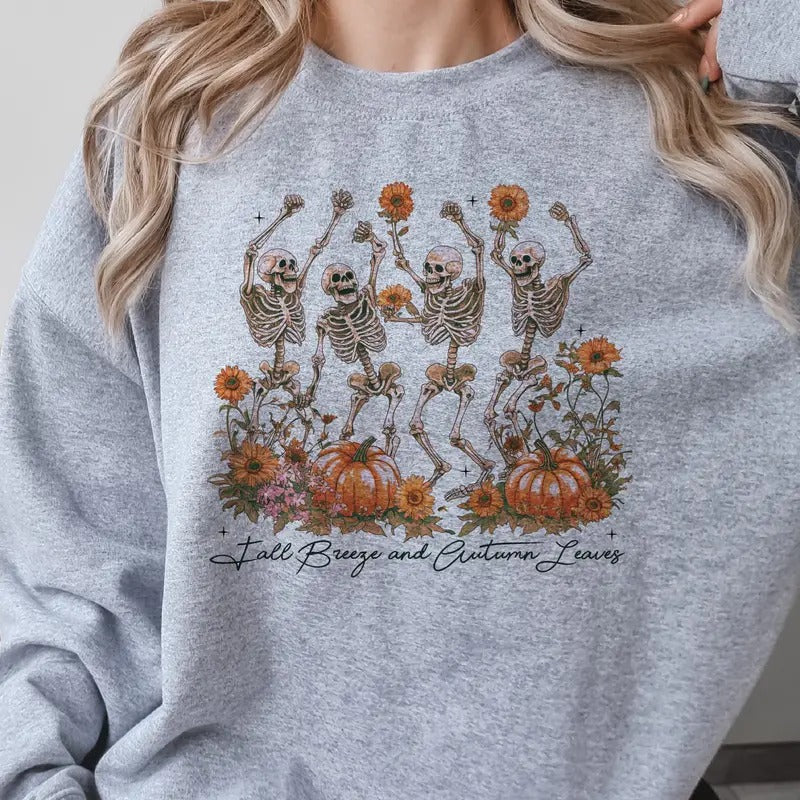 Fall Skeleton Sweatshirt Fall Skeleton Pullover Fall Breeze Dancing Skeleton Hoodie Fall Pumpkin Skull Sweatshirts T-Shirts