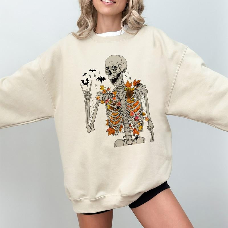 Fall Skeleton Sweatshirt, Halloween Skeleton Shirt, Halloween Gifts, Spooky Sweatshirt, Retro Skull Shirt, Retro Flower Skeleton Halloween Sweater, Fall Season, Fall Shirt, Halloween Gift