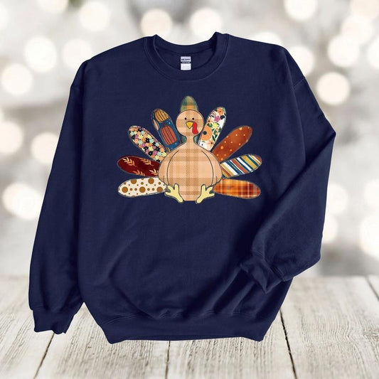 Fall Sweatshirt, Patchwork Turkey Hoodie, Thanksgiving Turkey, Faux Patchwork Tee, Quilted Turkey Sweatshirt