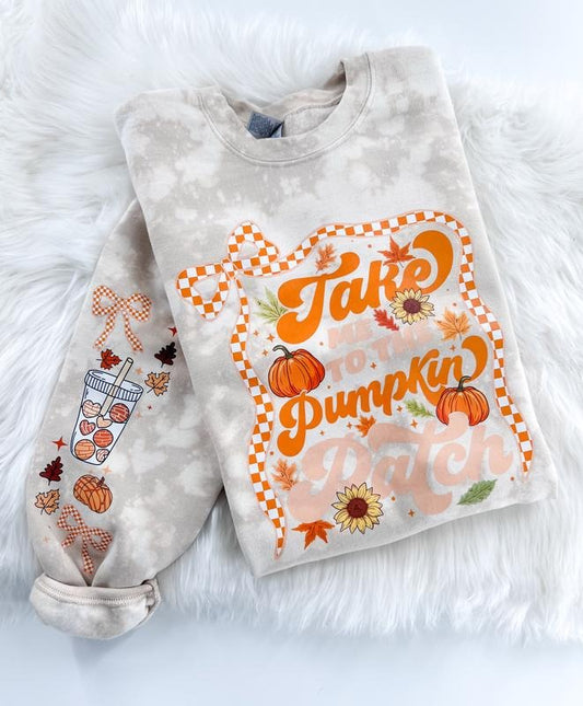 Fall Take Me to the Pumpkin Patch Falling Leaves Bleached Graphic Sweatshirt or Hoodie Unisex  Womenswear Crewneck Casual Top DTF Printed Coton Poly Blend
