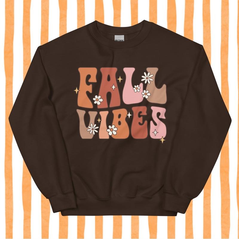 Fall Vibes Crewneck Sweatshirt - Oversized Long Sleeve Cotton Pullover for Halloween Autumn Casual Retro Style with Double-Needle Stitching and Pre-Shrunk Material