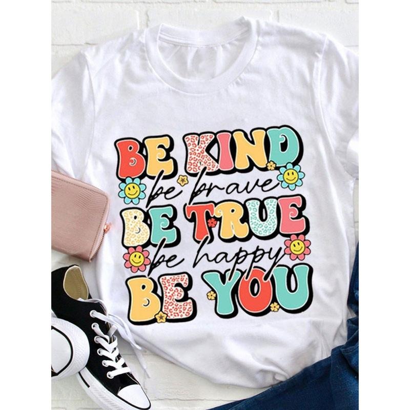Women'WB shield "Be Kind, Be Brave, Be True, Be Happy, Be You" Graphic Tee - Casual Round Neck T-Shirt with Colorful...