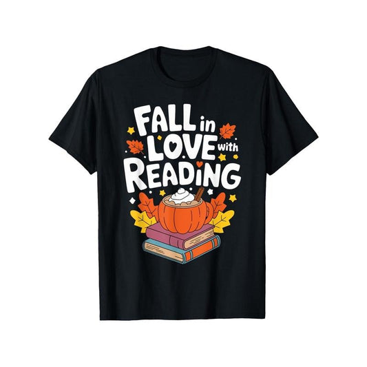 'Fall in Love with Reading' Pumpkin Graphic T-Shirt - 100% Cotton, Crew Neck, Short Sleeve, Casual Printed Tee for Adults, All-Season Comfort, Perfect Gift for Teachers, Book Lovers - Black Made in USA