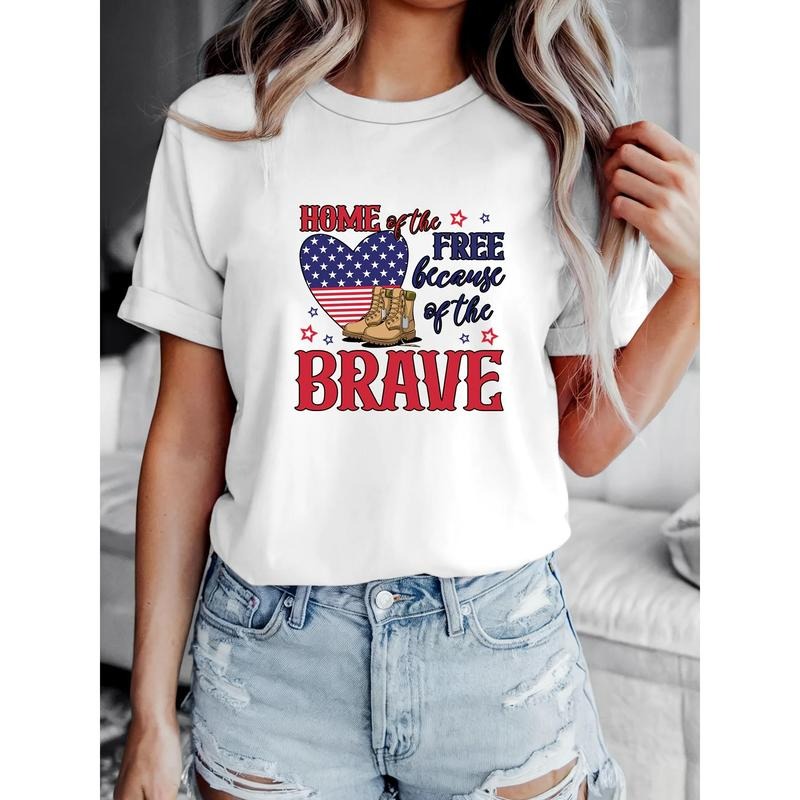 Women'WB shield Patriotic "Home FOG TNF Free" Veteran Support T-Shirt - Pure Cotton, Round Neck, Short Sleeve, American Flag & Boots Design, Lightweight & Breathable for Spring/Summer/Fall, Casual Wear | Bold Graphic Tee, American Flag TNF style 02