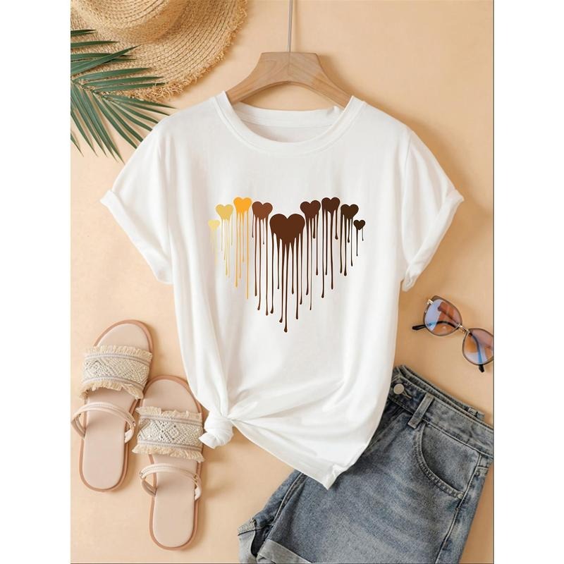 Women'WB shield Casual Crew Neck T-Shirt with Heart Print, Polyester Blend Knit Fabric, Regular Length, for...