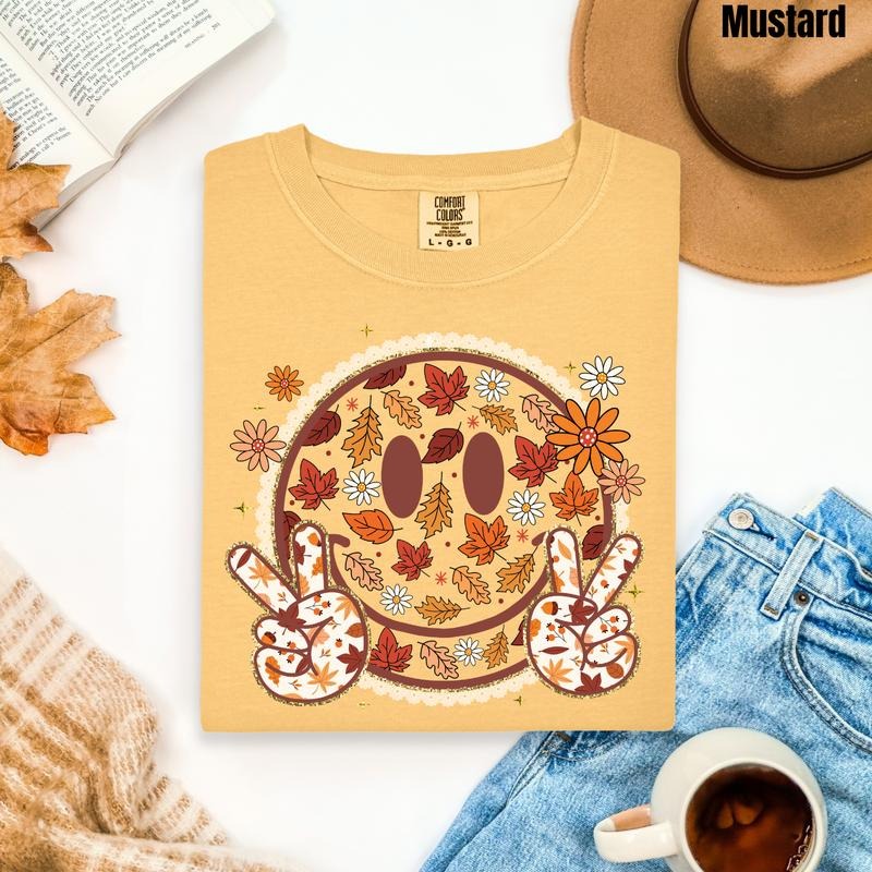 Falling Leaves Happy Face Comfort Colors T-Shirt 'NLB' Hoodie, Sweatshirt | DripVista.com