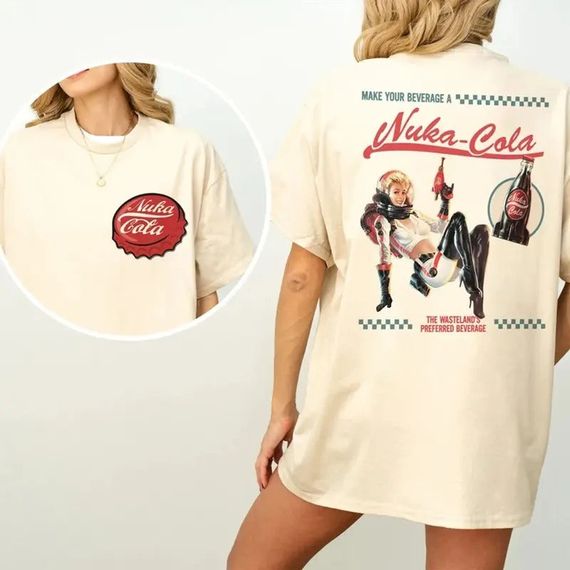 Fallout Graphic T Shirt, Retro Nuka Cola Bottle Cap With Vintage Ad On Back, Video Game Shirt, Fall Out Vault Tec...