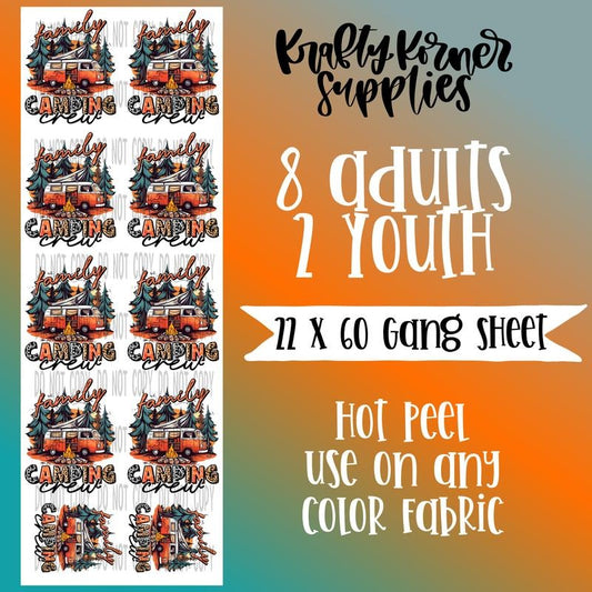 Family Camping Crew BULK DTF Transfer Gang Sheet, 22 x 60