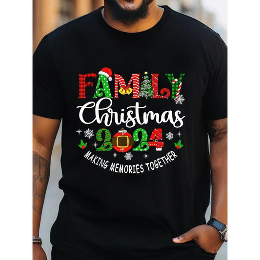 Family Christmas 2024 Casual Cotton T-Shirt for Men, Couple Matching Crew Neck Top with Slight Stretch, Knit Fabric Regular Fit, Summer Weekend Casual Wear with Festive Pattern Made in USA