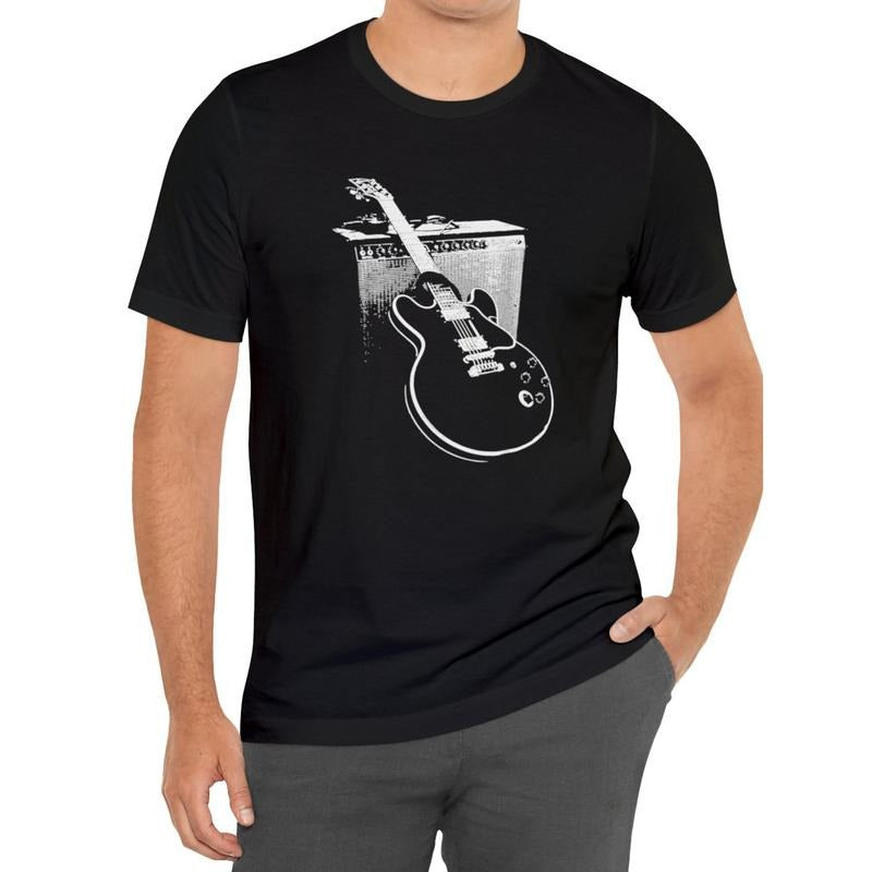 Fancy guitar print crew neck t-shirt for summer, soft short sleeve tops for men, stylish and comfortable t-shirt for casual wear Menswear Embroidered