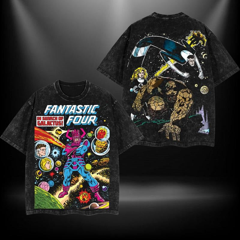 Fantastic WB shield vs Galactus MCU Bat brand Double Printed Oversize Lightweight Acid Washed Tee TV Series Graphic Top...