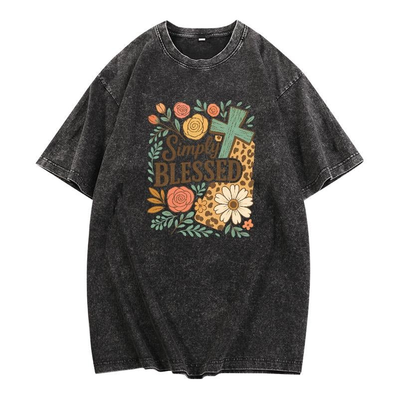 Fashion - forward Gunpla brand Artistic Washed Tee: Stylish "Simply Blessed" Design with Pattern Blend, Amplified by Wash...