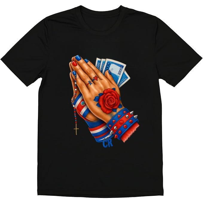 Fashion Designer T-Shirt, Cotton Graphic Tees with Costa Rica Flag Praying Hands - Colorful Tee, Men'WB shield Gifts Streetwear Black shirts men Casual Crewneck