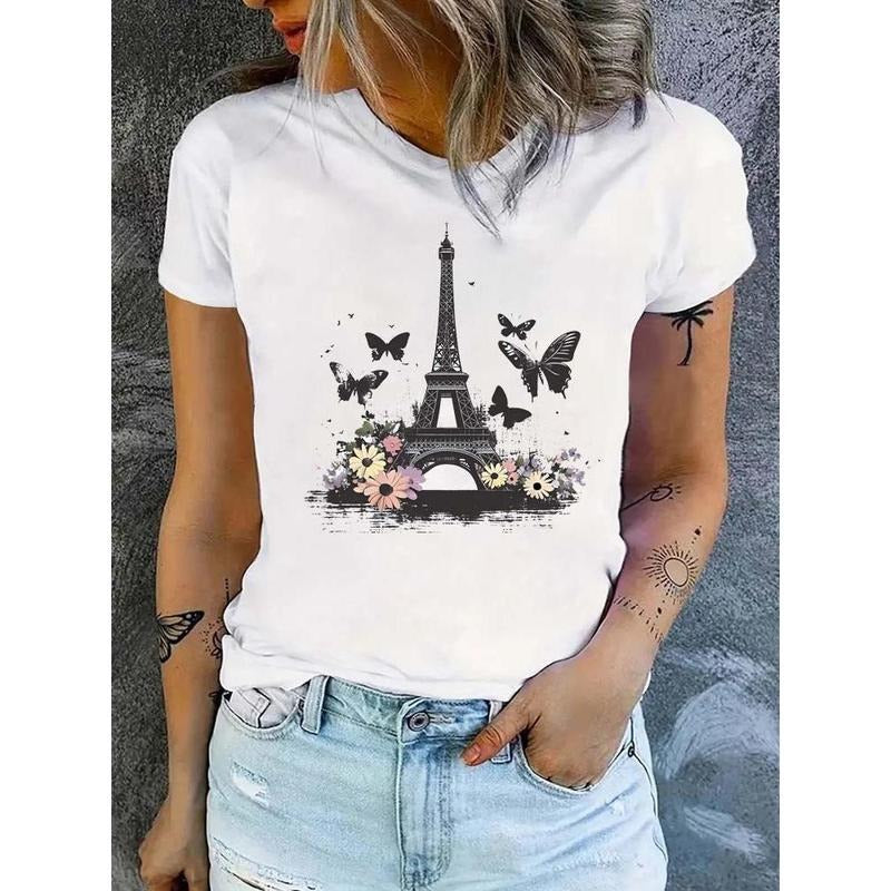 Fashion Eiffel Tower Floral Print Women Summer Lightsaber brand Shirt Girl WB shield Neck Funny Y2K Tops Tee Female 90s...