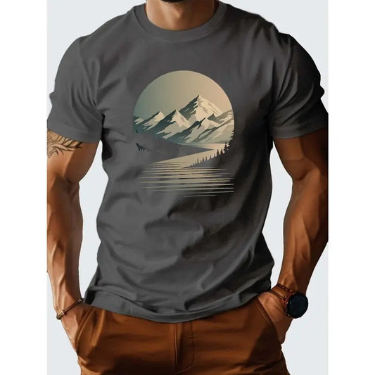 [Fast Arrival] Comfort Fit Landscape Painting Pure Cotton Men's T-Shirt for Everyday Wear Made in USA