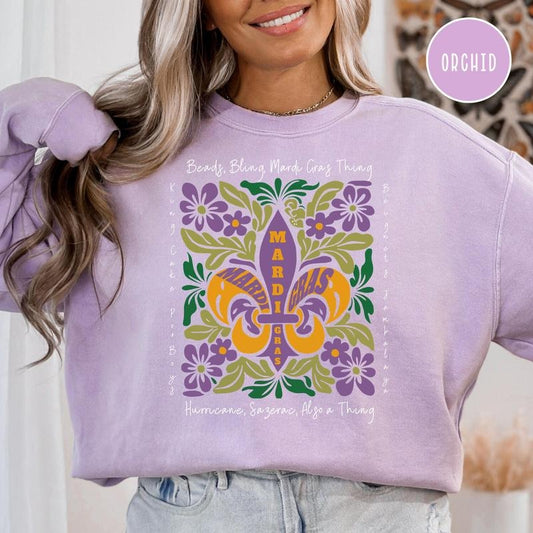 Fat Tuesday Mardi Gras Sweatshirt, Mardi Gras Fleur-de-Lis Sweatshirt, Beads Bling Mardi Gras Mardi Gras Celebration Shirt