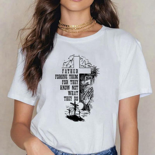 Father Forgive Them For They Know Not What They Do Christian T-Shirt Pure Cotton Casual Street Style Crew Neck Short Sleeve T-Shirt Tops Trendy For Women For Men, Perfect Gift