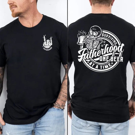 Fatherhood surviving one beer at a time Shirt, Fatherhood Tee, Dad Shirt, Skull Tee, Rock skeleton hand Shirt, retro fatherhood Shirt