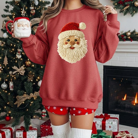 Faux Crochet Santa Sweatshirt Women's Fashion Comfortable Christmas Sweatshirt with Faux Embroidery for Holiday Season