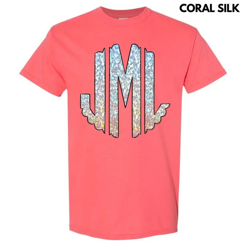Faux Foil Glitter Monogram Gildan Short Sleeve T-Shirt 'NLB' Hoodie, Sweatshirt | DripVista.com