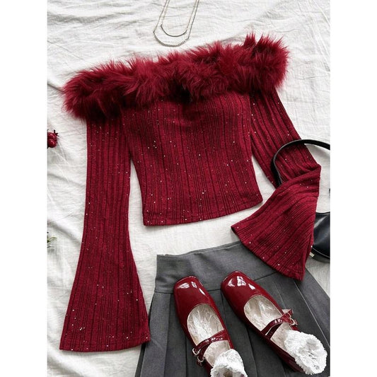 Faux Fur Crop Tops Bell Sleeve Off Shoulder Glitter Party Tee Shirts