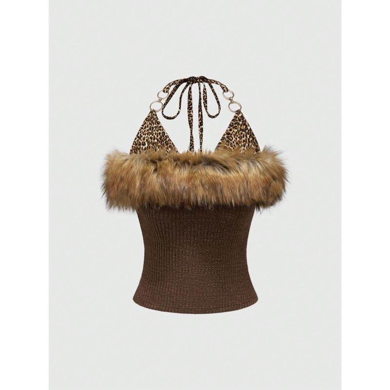 Faux Fur Leopard Halter Tops Metal Ring Tie Back Y2k Concert Top T-Shirts, Hoodie, Sweatshirt | DripVista.com