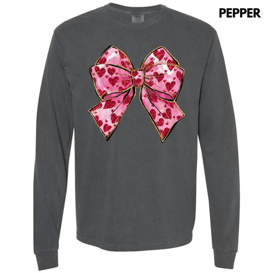 Faux Glitter Heart Bow Long Sleeve Comfort Colors T-Shirt