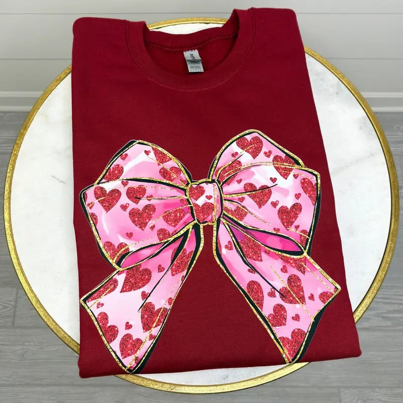 Faux Glitter Heart Bow Sweatshirt T-Shirts, Hoodie | DripVista.com