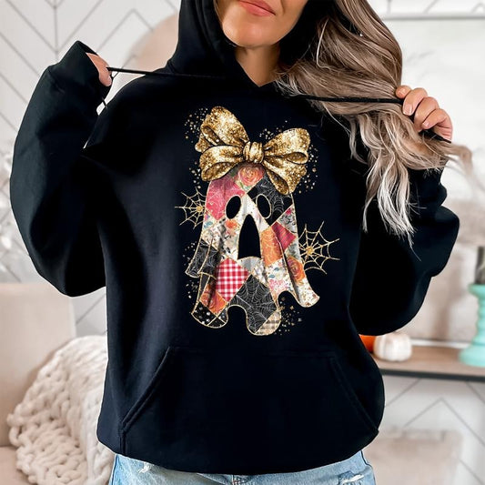 Faux Glitter Patchwork Ghost Shirt, Patchwork Ghost, Glitter Ghost, Spooky Season, Coquette Ghost, Graphic Hoodie, Hooded Sweatshirt