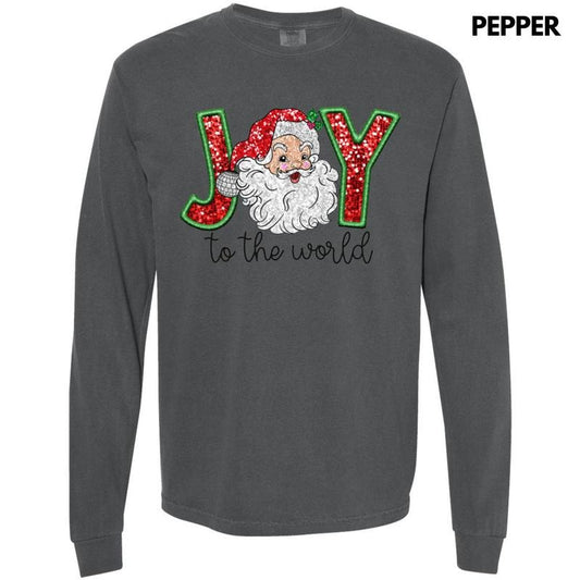 Faux Sequin Joy To The World Long Sleeve Comfort Colors T-Shirt