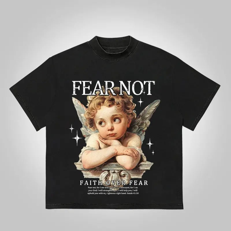 Fear Not Faith Over Fear Angel Casual Graphic T-Shirt Y2K Clothing Graphic Tee Cotton Top Streetwear