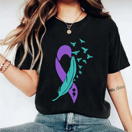 Feather Suicide Prevention Awareness T-Shirt, Mental Health Shirt, Teal Purple Ribbon Tee, Suicide Awareness Ribbon Tee, Semicolon Short Sleeve.