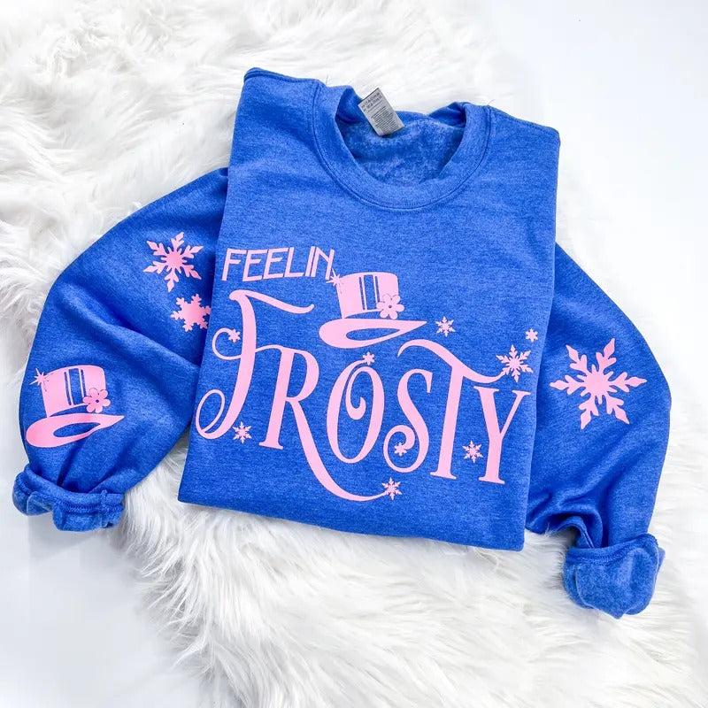 Feelin' Frosty Retro Christmas Sweatshirt or Hoodie with sleeve prints Comfy Unisex Tops T-Shirts | DripVista.com