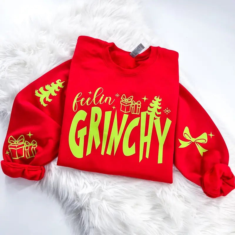 Feelin' Grinchy Retro Christmas Sweatshirt or Hoodie with sleeve prints Comfy Unisex Tops T-Shirts | DripVista.com