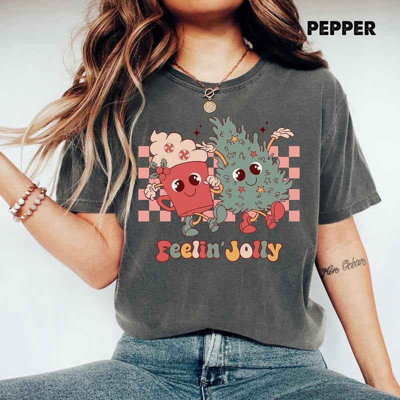 Feelin' Joy Christmas Comfort Colors Shirt, Retro Christmas Holiday T-shirt, Christmas Tree Family Tee, Christmas Cozy...