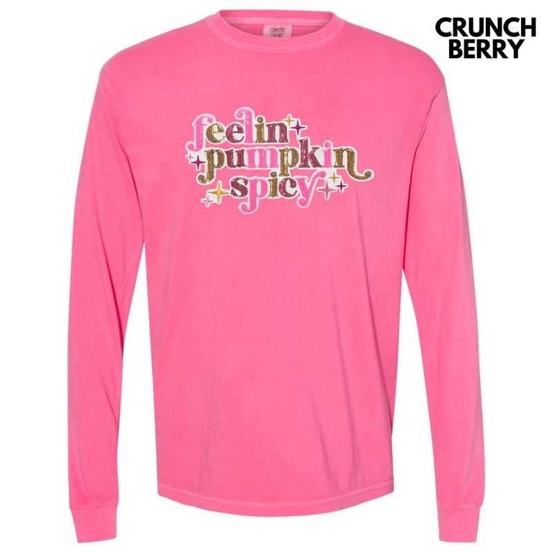 Feelin Pumpkin Spicy Sequin Patch Long Sleeve Comfort Colors T-Shirt Hoodie, Sweatshirt | DripVista.com