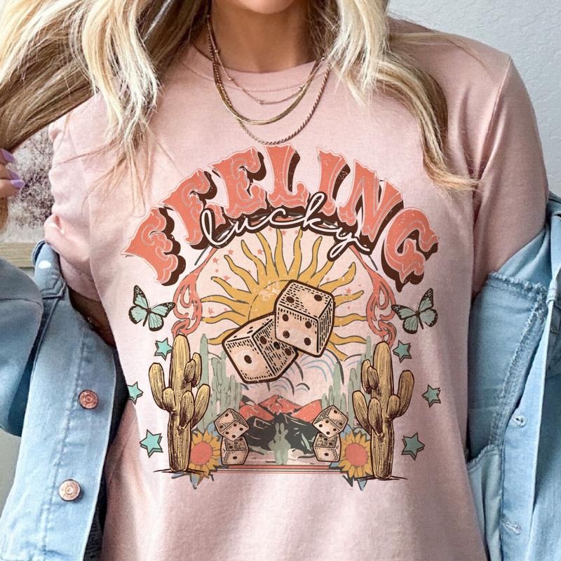 Feeling Lucky Tshirt Feeling Lucky Dice Sweatshirt Western Boho Feeling Lucky Tees Desert Scene Top Country Cowboy...