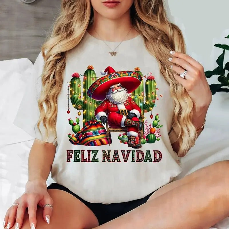 Feliz Navidad Santa With Cactus Sweater , Mexican Christmas Sweater , Merry Christmas Hoodie  T-shirt Sweatshirt