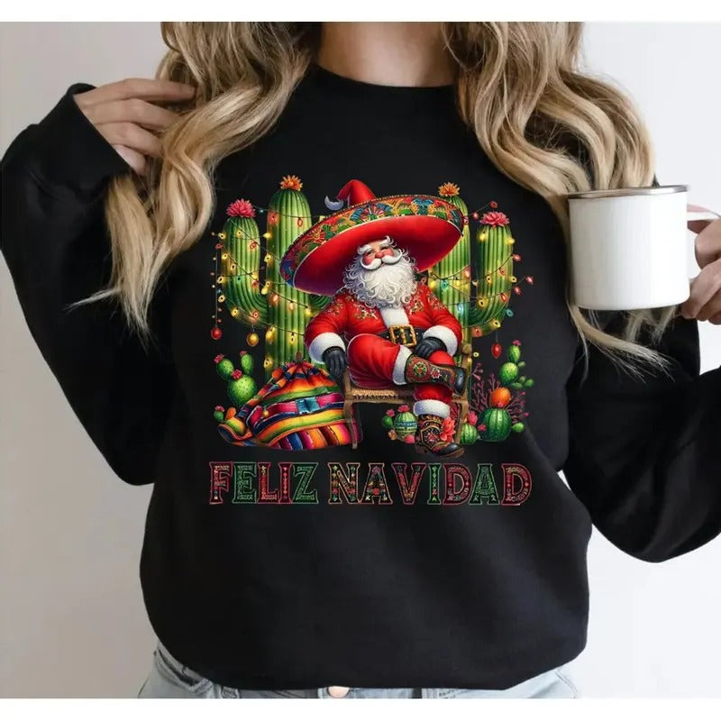Feliz Navidad Santa With Cactus Sweatshirt, Mexican Christmas Hoodie, Merry Christmas , Tis The Season Mexican, Spanish Mexican Xmas Shirt, Unisex Sweater Pullover Tee