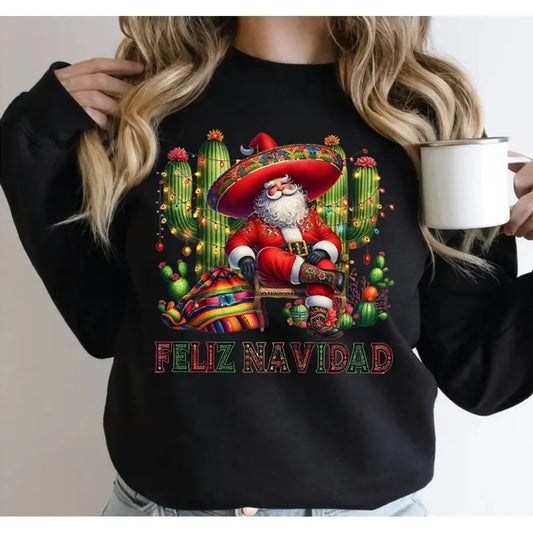 Feliz Navidad Santa With Cactus Sweatshirt, Mexican Christmas Hoodie, Merry Christmas , Tis The Season Mexican, Spanish Mexican Xmas Shirt, Unisex Sweater Pullover Tee
