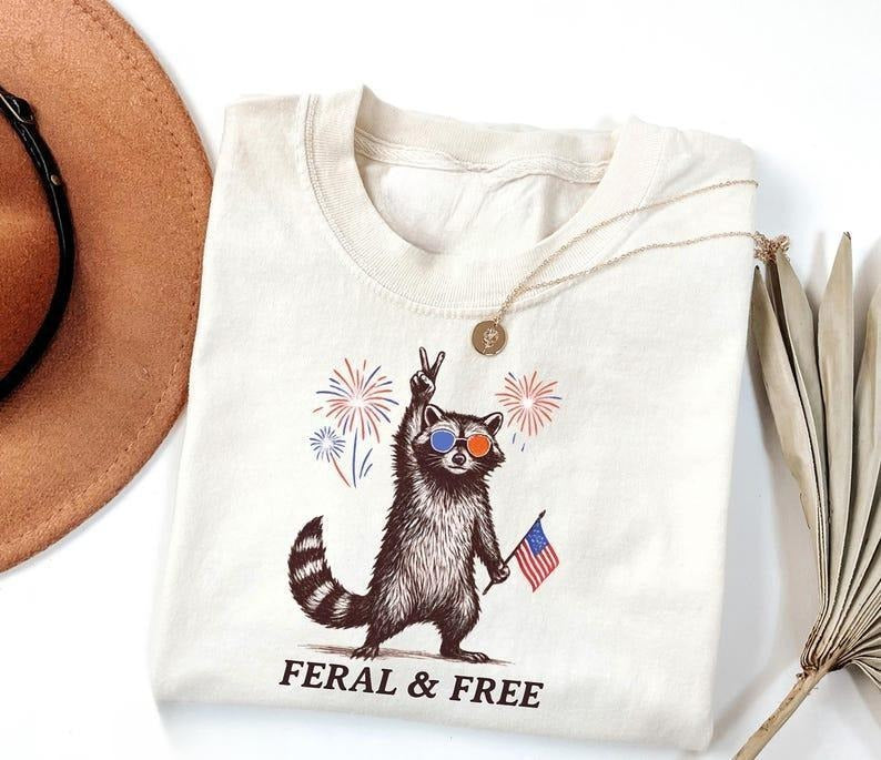 Feral But Free Raccoon Shirt, Funny 4th of July Tee, Patriotic Raccoon Shirt, Independence Day Outfit