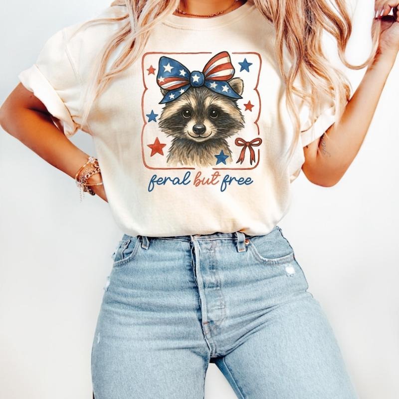 Feral But Free Raccoon Shirt, Funny 4th of July Tee, Patriotic Raccoon Shirt, Independence Day Outfit, Cute Freedom...