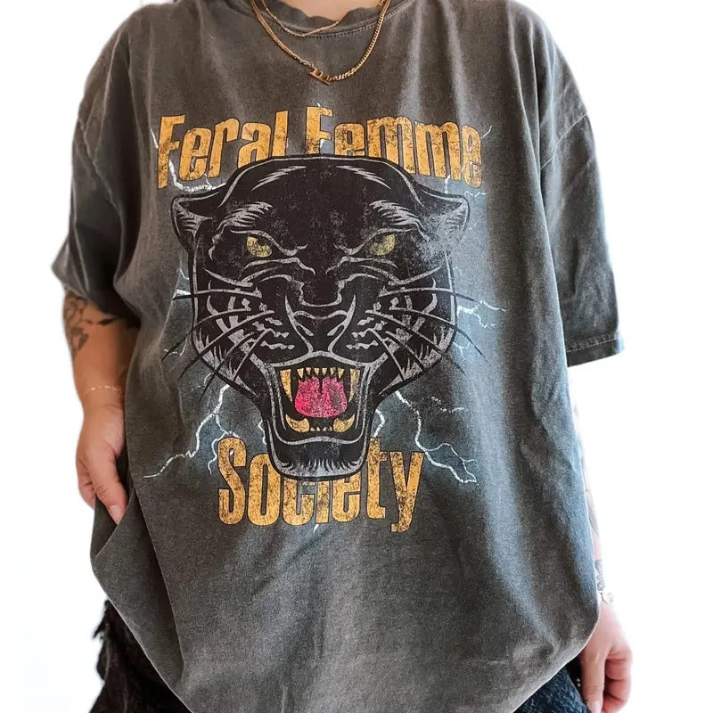 Feral Femme Society tee, feminist girl power womens rights shirt, empowering band tee, vintage inspired graphic tee