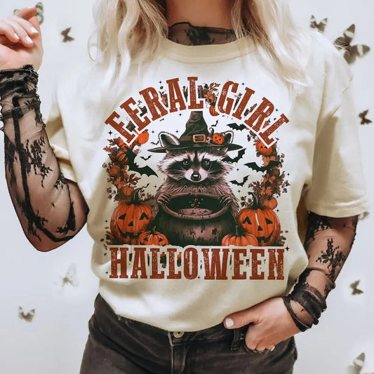 Feral Girl Halloween T-shirt, feral vitage unisex, Halloween Shirt, Funny T-shirt, Funny , halloween girl , raccoon shirt, Funny raccoon Gifts Lady