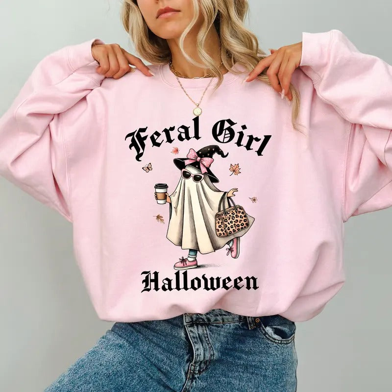 Feral Girl Halloween Witchy Ghost Sweatshirt, Cute Witchy Girl Crewneck, Feral Girl Halloween Party Outfits, Feral Sweatshirt for Women, Feral Mama Sweater, Comfy Long Sleeve Pullover, Cute Womens Tops, Casual Womenswear, Comfort Cotton Fabric Relaxed Top