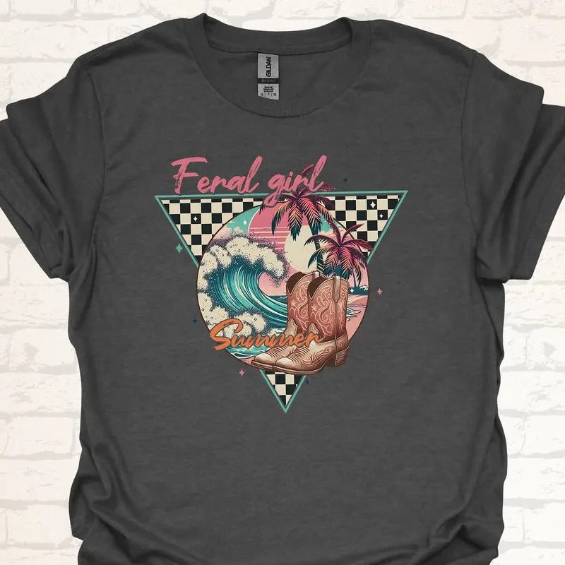 Feral Girl Summer T-Shirt - Retro Cowboy Boots Gunpla brand Tropical Vibes - Perfect Vacation Shirt for Women - Funny...